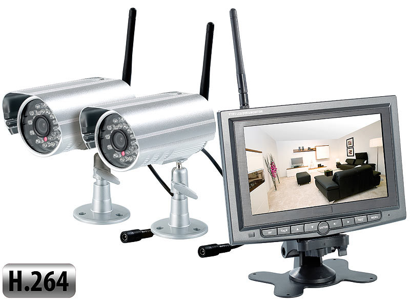 VisorTech Kabelloses Überwachungssystem mit 2 IR-Funk-Kameras (H.264); Überwachungskameras (Funk) Überwachungskameras (Funk) Überwachungskameras (Funk) 