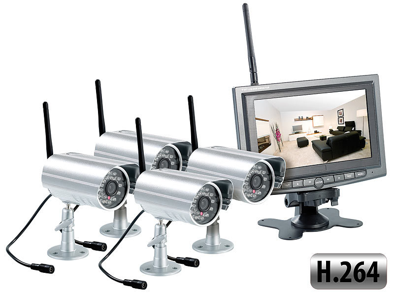 VisorTech Kabelloses Überwachungssystem mit 4 IR-Funk-Kameras (H.264); Überwachungskameras (Funk) Überwachungskameras (Funk) Überwachungskameras (Funk) 
